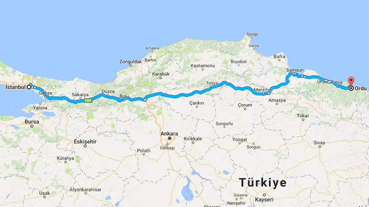 İstanbul Ordu Kaç Km